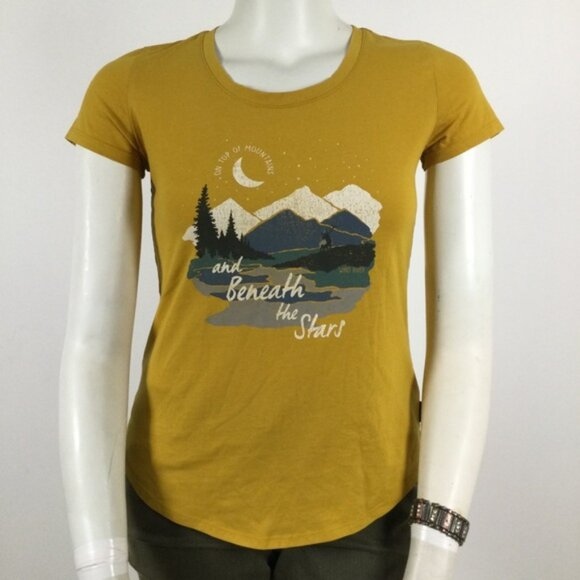 👛 (ANY 2/$20) WIND RIVER OUTFITTERS Round Neck Short Sleeved Tee Gold Tones - Picture 4 of 7